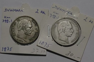 🧭 🇩🇰 DÄNEMARK 2 KRONEN 1875 - 2 SILBERMÜNZEN B88 #5 CG48 - Bild 1 von 3