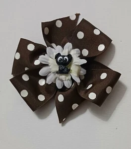 Hair Bow Hair Accessory Puppy Brown & White Polka Dot Grosgrain Ribbon Clip On - Picture 1 of 3