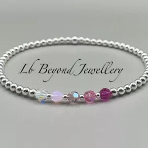 STERLING SILVER BEADED BRACELET WITH PINK CRYSTAL BEADS, STRETCH BRACELET - Picture 1 of 7