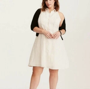 Nwt Torrid Linen Fluted Pinstripe Skater Sleeveless Ivory Tan And Black Dress 3 - Picture 1 of 12