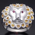 Cute Lion Head Antique Pave Genuine Citrines Ruby Solid 14k White Gold Fine Ring