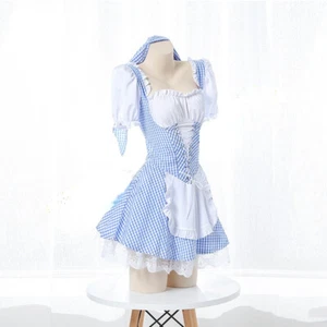 Sexy lady Japanese Lolita Short Dress Tight Kerchief Ruffle Checked Maid Cosplay - Picture 1 of 6