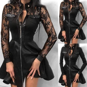 Womens Sexy Skirt Slim Lace Faux Leather Fight Receiving Waist Dress Long Sleeve - Picture 1 of 16