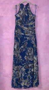 S. L. Fashions Dress Maxi blue gray floral abstract halter zip 10 Large wedding - Picture 1 of 12