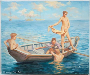 Hermosa pintura al óleo masculina desnuda paisaje costero después de Henry Tuke, encantadora 2 - Imagen 1 de 6
