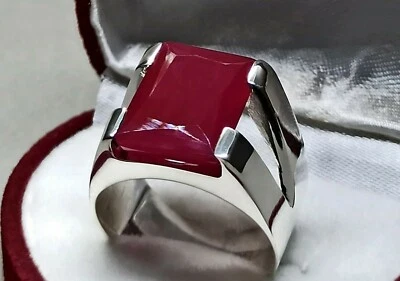 Emerald Cut Deep Red Ruby Sterling Silver 925 Handmade Yaqoot Mens Elegant Ring - Image 1 of 4
