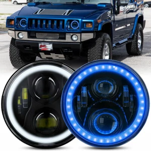 Pair 7" Round LED Headlights Blue Halo Angel Eyes DRL For Hummer H1 H2 Offroad - Picture 1 of 8