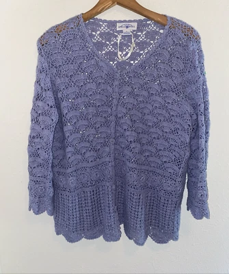 Cárdigan suéter pequeño April Cornell Shell abanico algodón púrpura ganchillo abotonado Foto 1 de 3