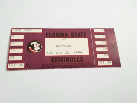 1994 Clemson Tigers Florida State Football Full Unused Ticket Stub Cover