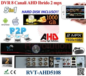 DVR 8 Canali CH P2P CLOUD Ibrido Analogico AHD UNIVERSALE 2 MPX HARD DISK 1 TERA - Foto 1 di 1