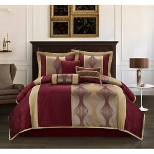 Burgundy Red Gold Geometric Stripe 7 pc Comforter Set Full Queen Cal King Bed