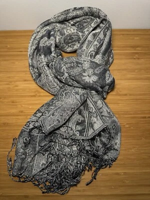 Pashmina Wrap Scarf Shawl Fringe Grey 55% Pashmina 45% Silk 70”x27” - Image 1 of 3