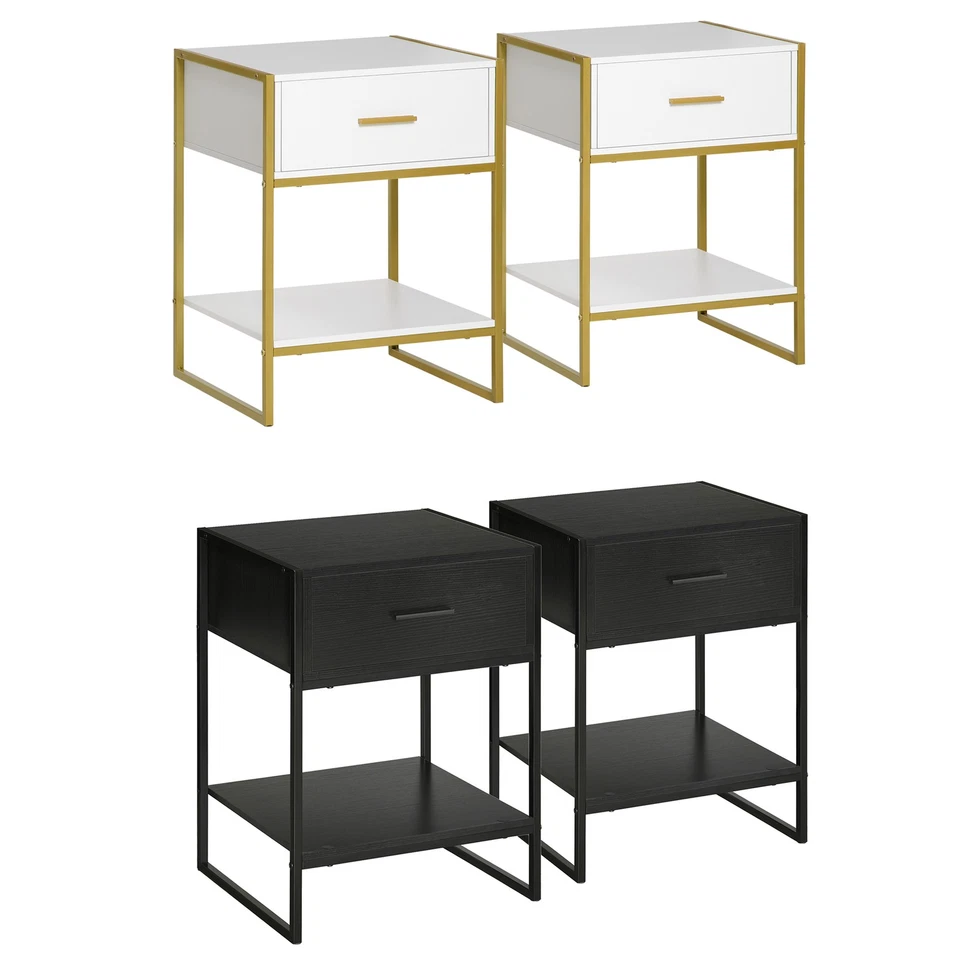 HOMCOM Set 2 Comodini con Cassetto e Ripiano Aperto in MDF e Acciaio - Immagine 1 di 1