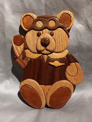 Handcrafted Carved Wood Pilot Teddy Bear  Nursery Wall Plaque Vtg Jack Douglas  - Image 1 of 3