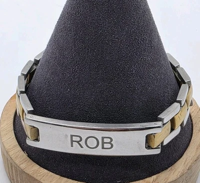 Two Tone Goldtone & Silvertone Mens ID Stainless Steel Bracelet Engraved "ROB"  - Image 1 of 4