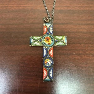 Vintage Micro Mosaic Cross Pendant Gold Tone Setting Multicolor Signed Italy - Picture 1 of 3