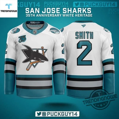 Personalized San Jose Sharks 35th Anniversary Season Hockey Shirt White Color - Image 1 of 4
