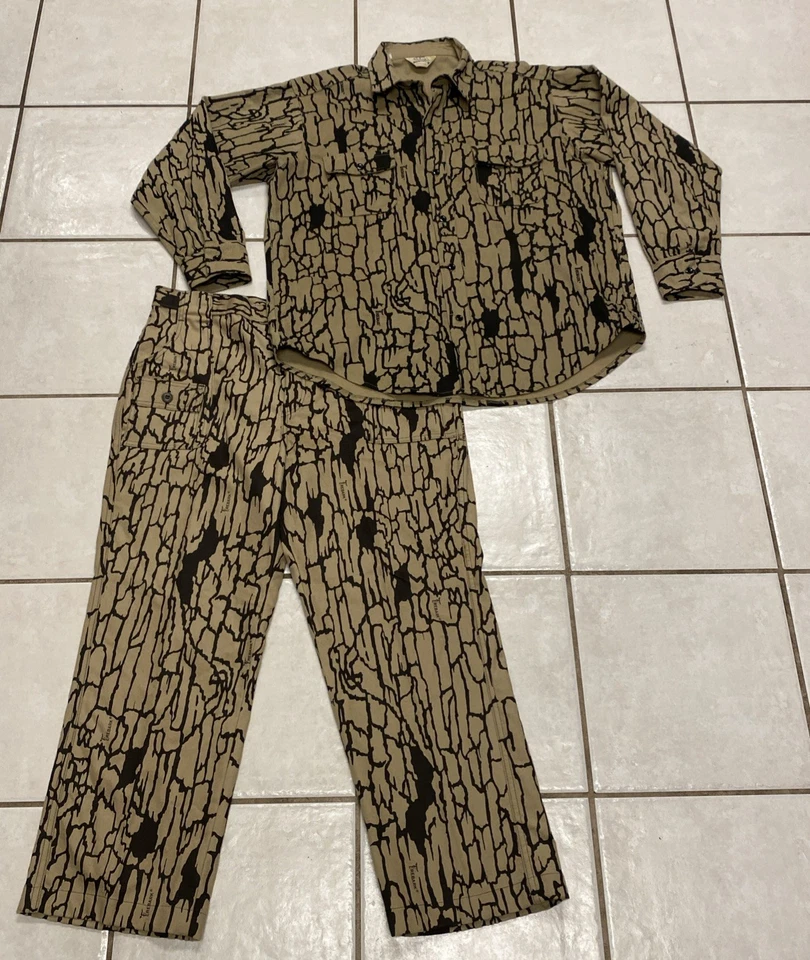 RARE VTG 70s Cabelas Trebark Camo Button Shirt Pants 2XL Hunting Outdoors USA NE - Image 1 of 4