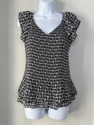 Top arrugado vintage Y2K Babydoll para mujer S negro blanco con volantes elástico geométrico Foto 1 de 4