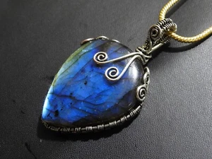 Labradorite Brass Pendant Silver Oxidised Polished Wire deigning Jewelry - Picture 1 of 8