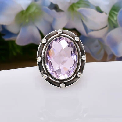 Anillo de plata de ley 925 maciza con piedras preciosas de cuarzo rosa rosa, joyería de diseñador V4910 Foto 1 de 4