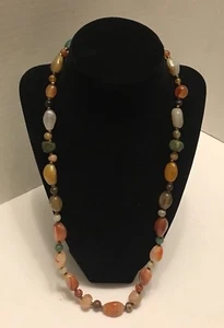 Vintage Single Strand Natural Polished Stone Necklace Earthy Tones 25" long - Bild 1 von 12