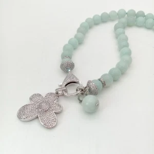 natural 10mm round amazonite necklace gold plated cz micro Pendant - Picture 1 of 6