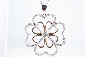 14K Two Tone Gold & Diamond Four Leaf Clover .40 ctw Pendant Necklace - Picture 1 of 3