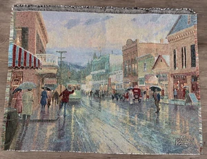 Thomas Kinkade LARGE Town Vintage Car Cars Tapestry Fabric Panel Piece - Picture 1 of 2