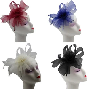 Crinoline Mesh Flower Bow Feather Wedding Fascinator Headband Clip Races Prom - Picture 1 of 13