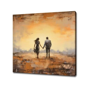 Couple Holding Hands At Sunset Landscape Oil Painting Style Canvas Print - Picture 1 of 9