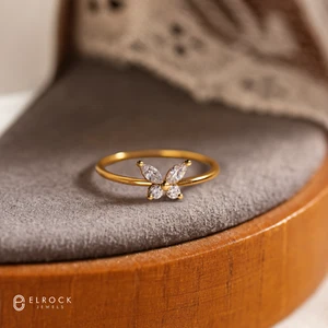 Unique 14k Yellow Gold Marquise lab grown Diamond Women's Butterfly wedding Ring - Picture 1 of 8