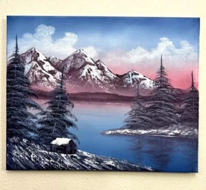 Bob Ross Style Pink And Blue Winter Landscape Oil Painting 16x20 - Picture 1 of 5