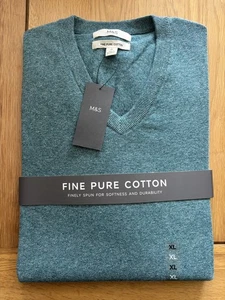MARKS & SPENCER MENS TEAL BLUE V NECK COTTON JUMPER Size XL BNwt - Picture 1 of 7