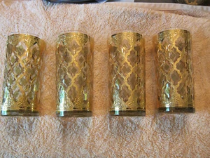 Vtg MCM Culver  Valencia High Ball Glasses 22k Gold Green Set of 4 - Picture 1 of 3