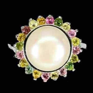 Silver Ring Pearl and Mixed Tourmaline Mined Gems Solid Sterling N 1/2 US 7 - Picture 1 of 24