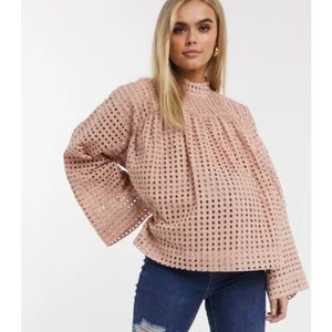 EUC ASOS maternity long sleeve smock top w/high neck & grid check broderie sz:10 - Picture 1 of 11