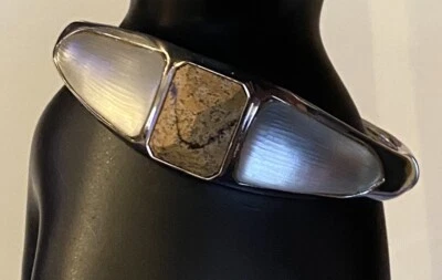 Brazalete Brazalete Bisagras Vintage Alexis Bittar Firmado Lucite Jaspe Espejo Tono Plata Foto 1 de 4
