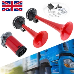 UNIVERSAL CAR VAN DUAL AIR HORN COMPRESSOR KIT TWIN TONE AIR HORNS UK - Picture 1 of 10
