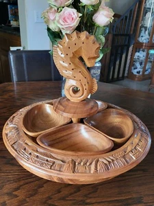 Vintage Danish Mid-century Tiki Monkey Pod Wood Lazy Susan Seahorse Platter - Picture 1 of 7