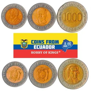SET OF 3 COINS FROM ECUADOR: 100, 500, 1000 COMMEMORATIVE SUCRES. 1995-1997 - Picture 1 of 2