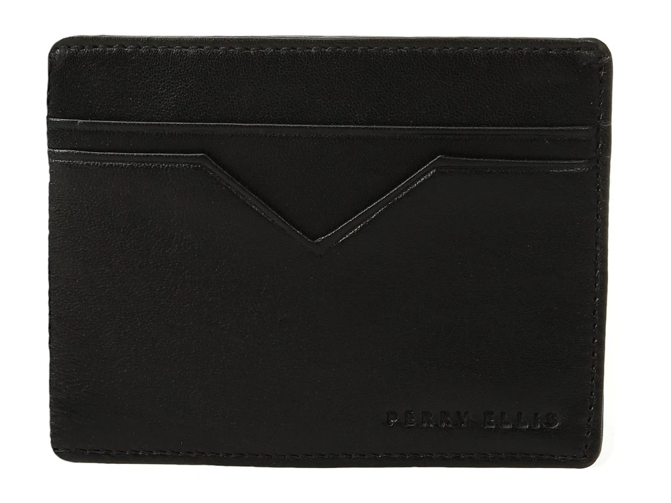 Perry Ellis Black Card Case Men's Leather Wallet 4 Credit Cards D01