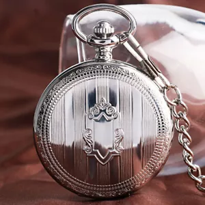 Silver Shield Automatic Self Wind Pocket Watch High Quality with Pendant Chain - Picture 1 of 12
