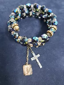 Bracciale stile rosario avvolto in filo perline vetro argento sterling blu iridescente - Foto 1 di 7