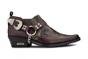 Men's Leather Cowboy Shoes Brown Croc Cuban Biker Punk Winklepickers Western - Picture 1 of 6