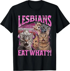 Lesbians Eat What?! Funny Cat Gay Pride LGBTQ Pun T-Shirt - Picture 1 of 2