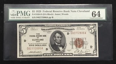 $5 1929 Federal Reserve Bank Note Cleveland PMG 64 # - Image 1 of 4