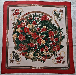 SCARF VINTAGE AUTHENTIC CODELLO FLORAL ART FLOWERS RED GREEN SILK 35"SQUARE - Picture 1 of 7