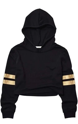 Top corto de cuero a cuadros de manga larga para adolescentes Hoddie rayas doradas negro talla mediana Foto 1 de 4