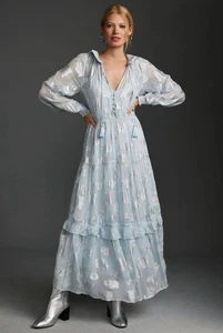 Anthropologie Marais Chiffon Maxi Langarm Glanz Metallic Rüschen Kleid XS - Bild 1 von 19